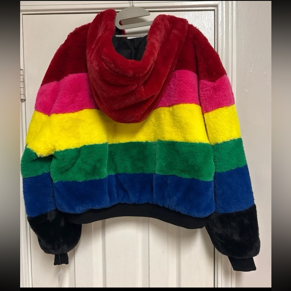 NWT New York & Company Rainbow Reversible Hooded Faux-Fur Jacket - Picture 2 of 12